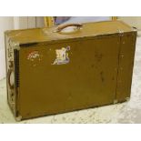 TRAVELLING TRUNK, mid 20th Century metal bound with leather handles and fitted wardrobe interior,