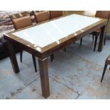 DINING TABLE, in Macassar wood with glass top, extending 183cm x 91cm x 77cm H, original cost £8000.