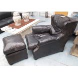 CLUB CHAIR AND STOOL, French Art Deco style, in black leather, 86cm H.