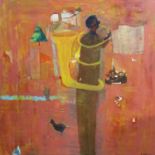 CAROLINE ROSS (Contemporary British) 'Man Instrument and Birds', 2004, oil on canvas,