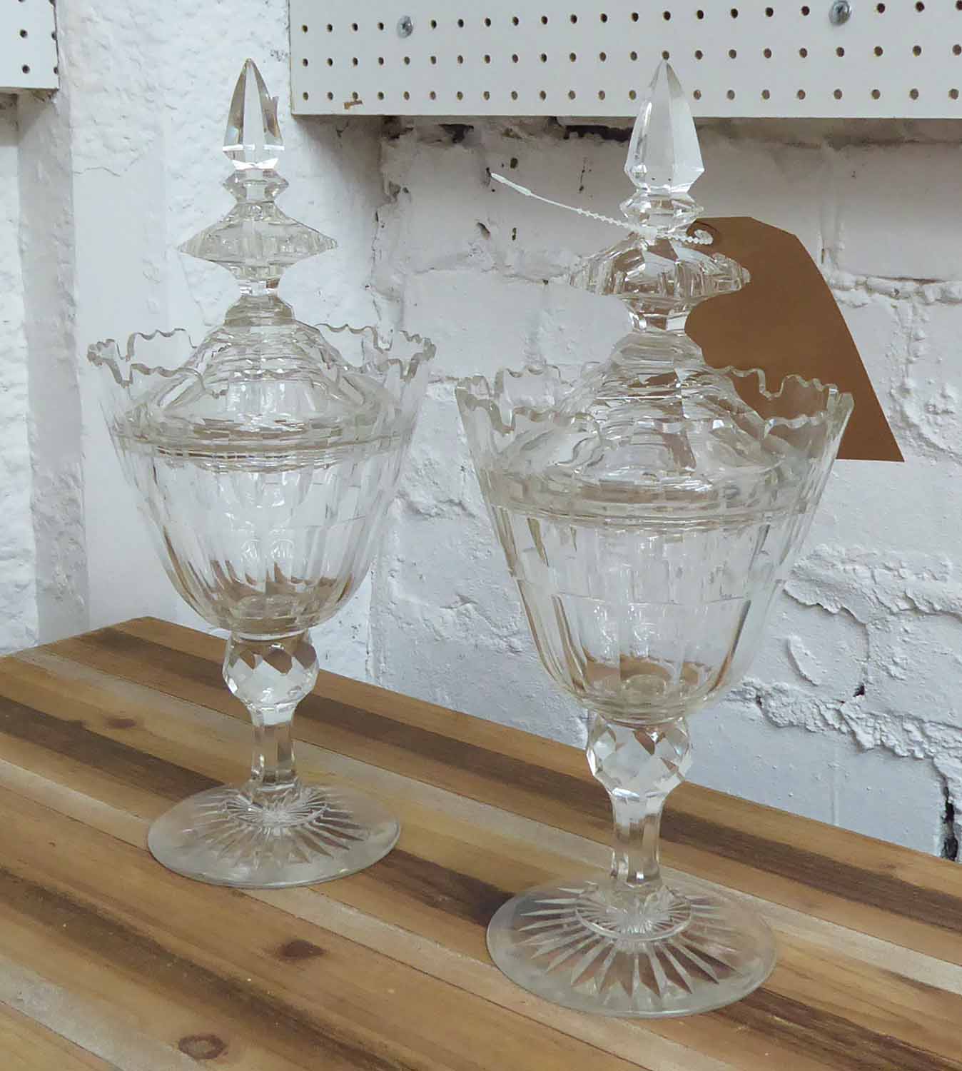 BON BON JARS, a pair, vintage French style cut glass, 32cm H.