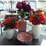 FAUX FLOWERS AND VASES, mixed set of various descriptions, 64cm at tallest and a decorative bowl.