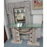 MIRROR AND CONSOLE TABLE, in the Hamptons style, lime washed with metal detail, 22cm at Widest.