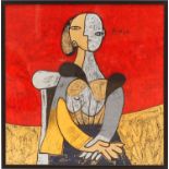 PABLO PICASSO 'Seated woman', textile, 78cm x 78cm, glazed and framed.