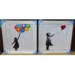 BANKSY INSPIRED BALLOON GIRL, a set of two, framed and glazed, 85cm x 85cm.