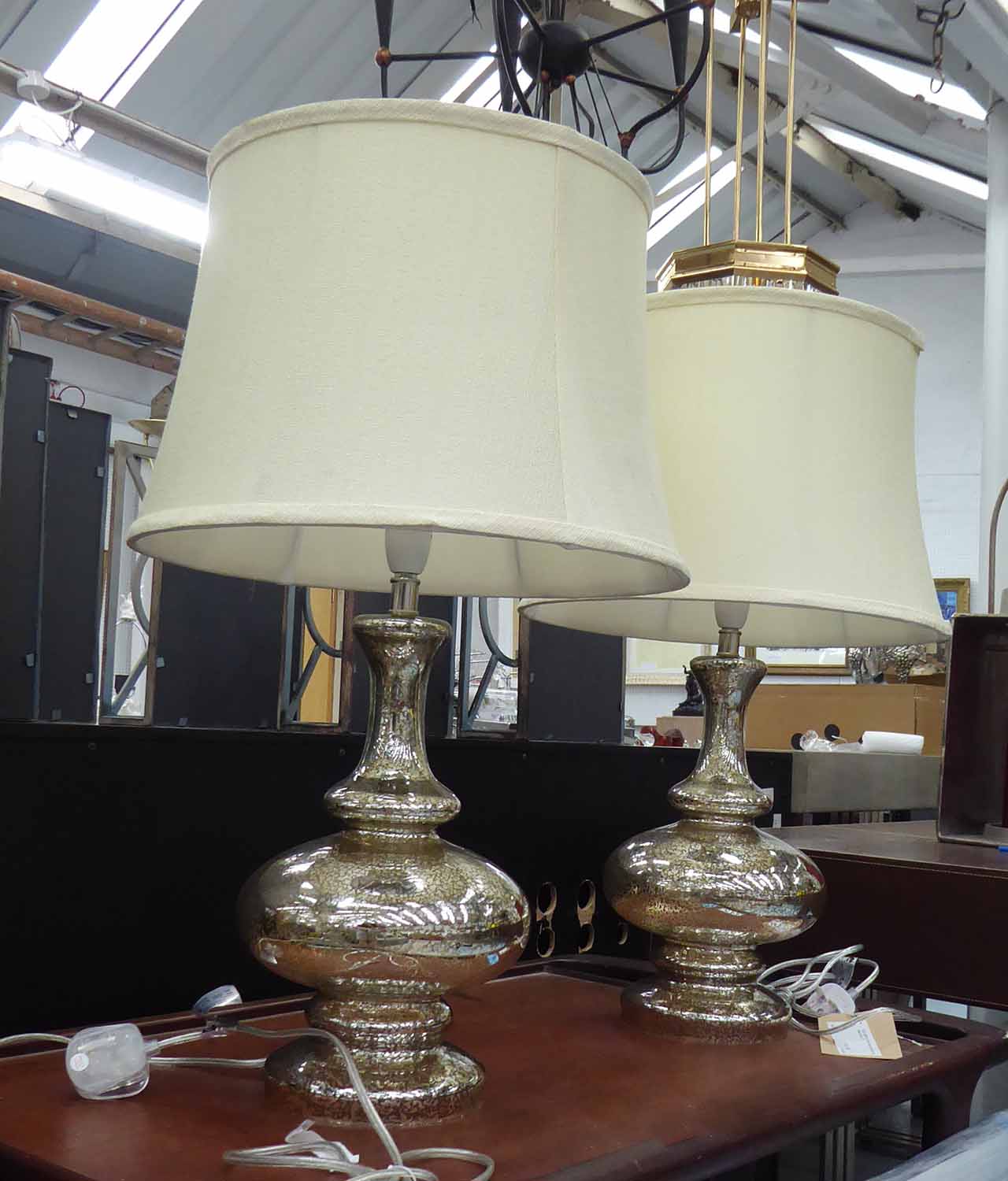 TABLE LAMPS, a pair, églomisé style finish, with shades, 64cm H.