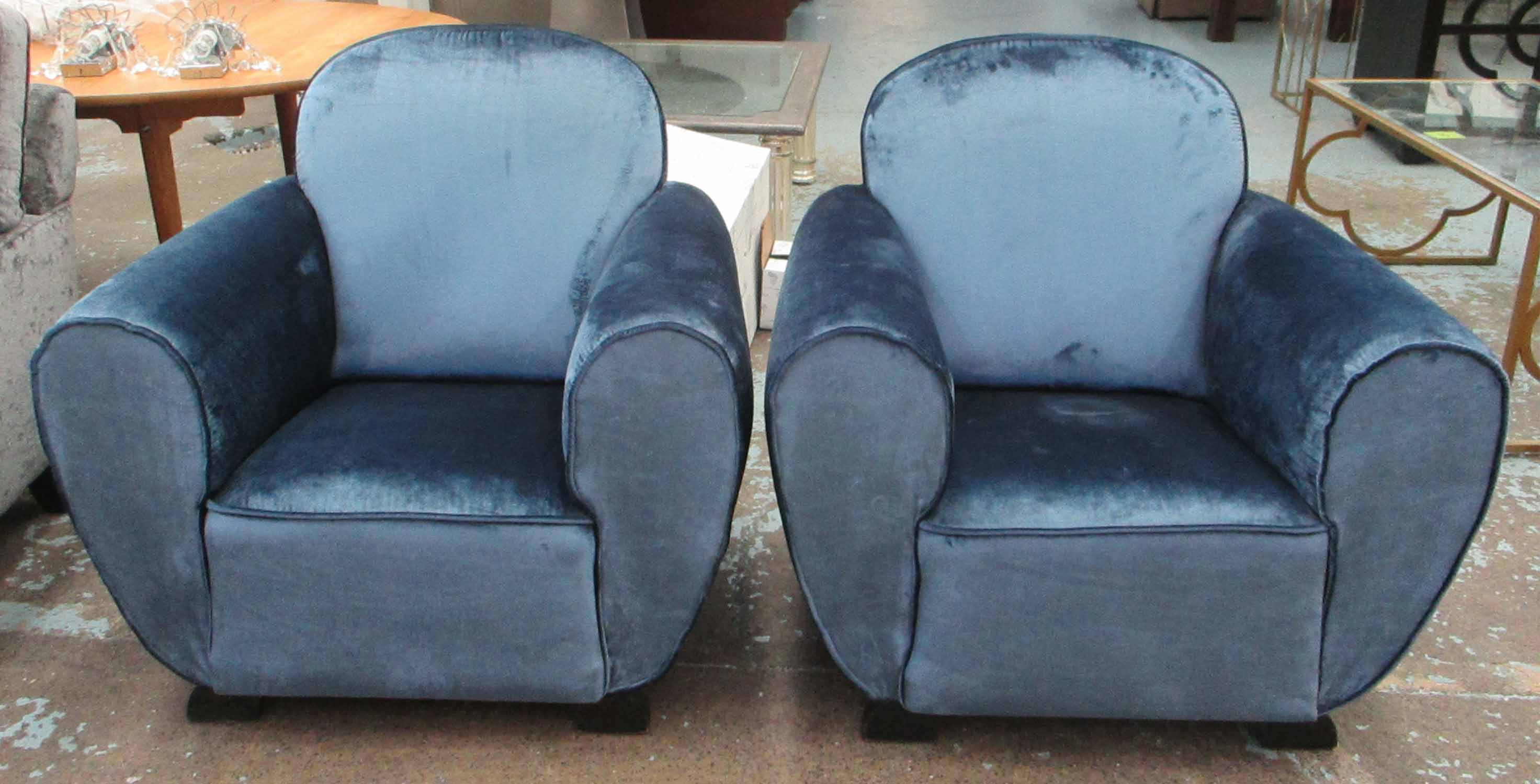 ARMCHAIRS, a pair, Art Deco style, with blue upholstery, 96cm W x 87cm H.