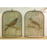 BIRD CAGE ORNAMENTS, a pair, gilt metal with bird on key decorations, each 68cm H x 49cm W x 13cm D.