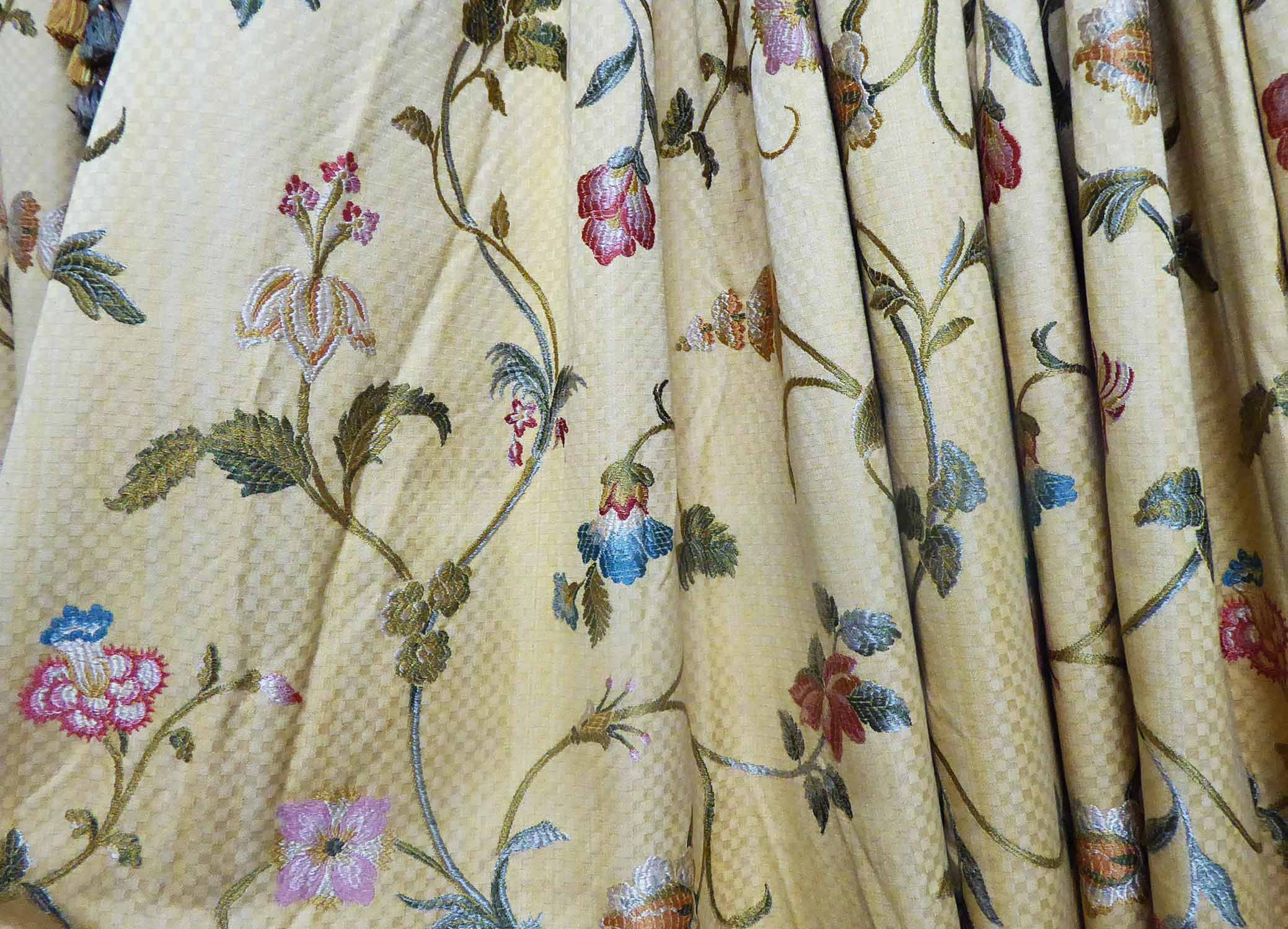 CURTAINS, two pairs, the gold field with woven flowers lined and interlined with tasseled fringe, - Image 2 of 3