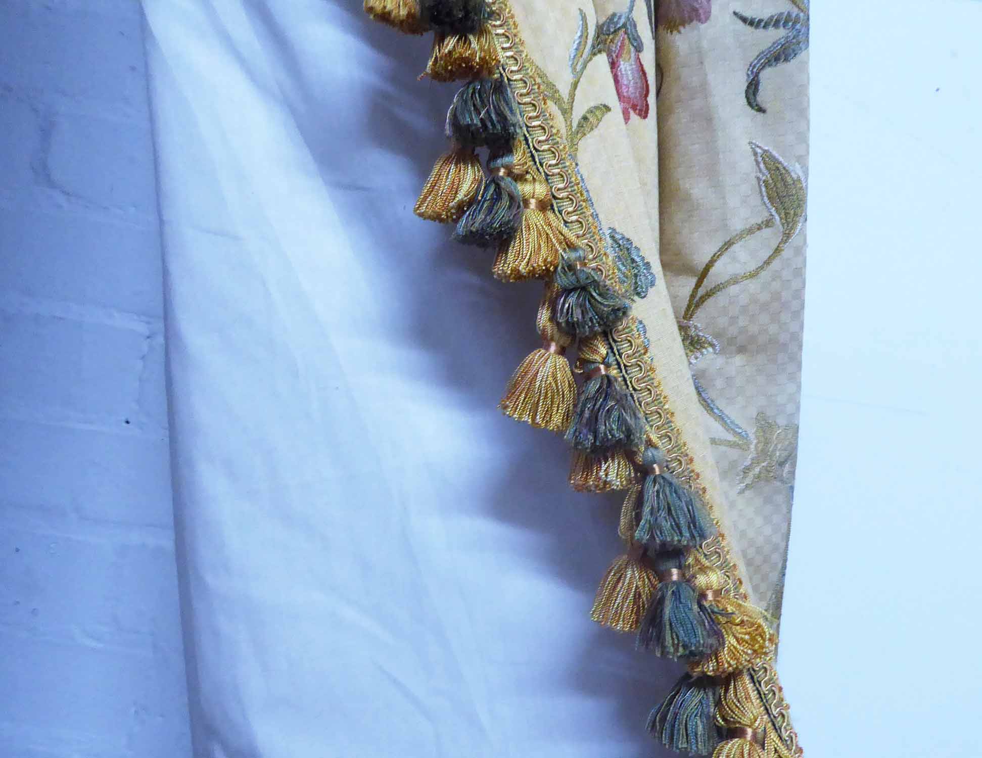 CURTAINS, two pairs, the gold field with woven flowers lined and interlined with tasseled fringe, - Image 3 of 3
