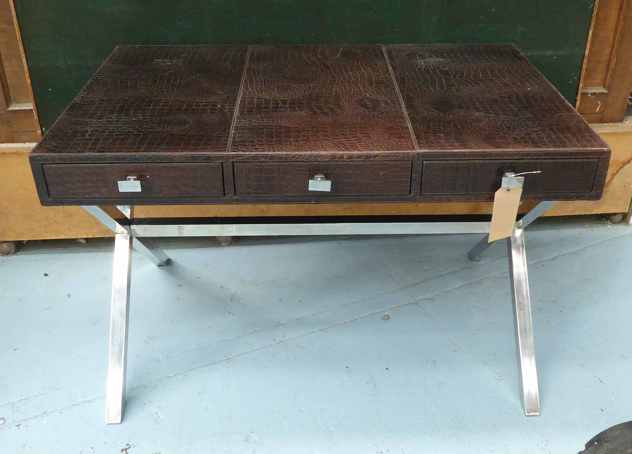 ANDREW MARTIN WRITING DESK, faux crocodile skin pattern leather with three frieze drawers, - Image 2 of 3