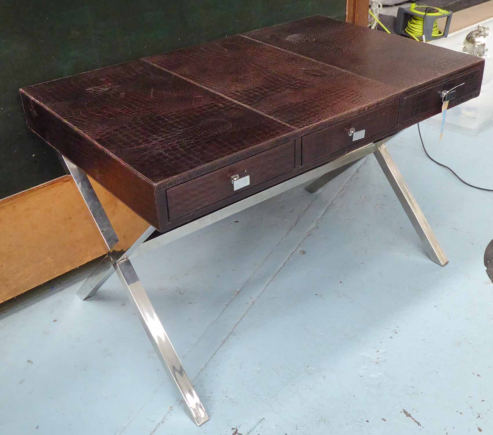 ANDREW MARTIN WRITING DESK, faux crocodile skin pattern leather with three frieze drawers,