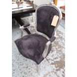 OPEN ARMCHAIR, French style in a silver painted frame, in faux black suede, 58cm W.