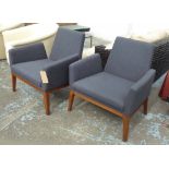 "TRIDENT" ARMCHAIRS, a pair, walnut framed, each with grey wool felt upholstery, 79cm W x 82cm H.