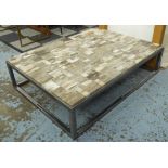 LOW TABLE, the mosaic top in petrified wood sections on a metal base,
