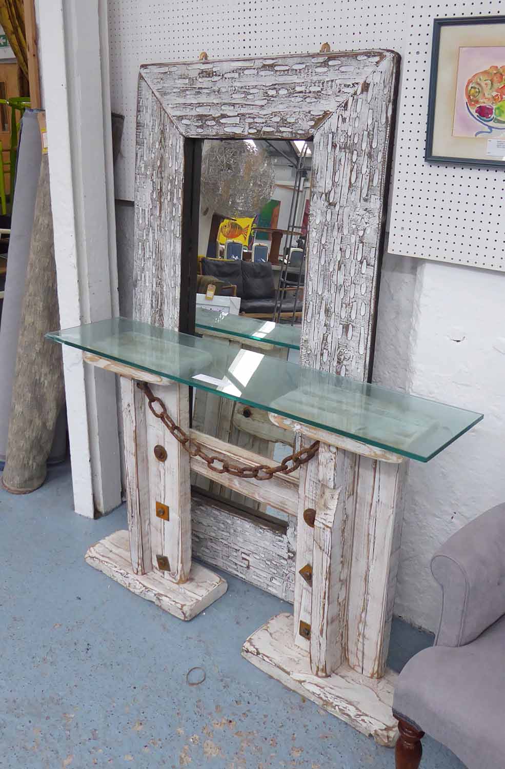 MIRROR AND CONSOLE TABLE, in the Hamptons style, lime washed with metal detail, 22cm at Widest.