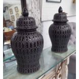 TEMPLE JARS, a pair, contemporary black glazed design, 51cm H.