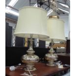 TABLE LAMPS, a pair, églomisé style finish, with shades, 64cm H.