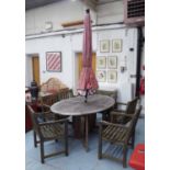 DROP LEAF GARDEN TABLE, circular weathered teak, pink fabric parasol and set of six armchairs,