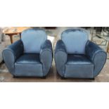 ARMCHAIRS, a pair, Art Deco style, with blue upholstery, 96cm W x 87cm H.