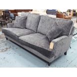 SOFA, with grey upholstery on short ebonised turned front supports, 208cm L x 75cm H.