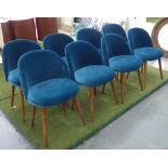 DINING CHAIRS, a set of eight, 1960's style blue velvet finish, 75cm H, seat 50cm W x 48cm H.