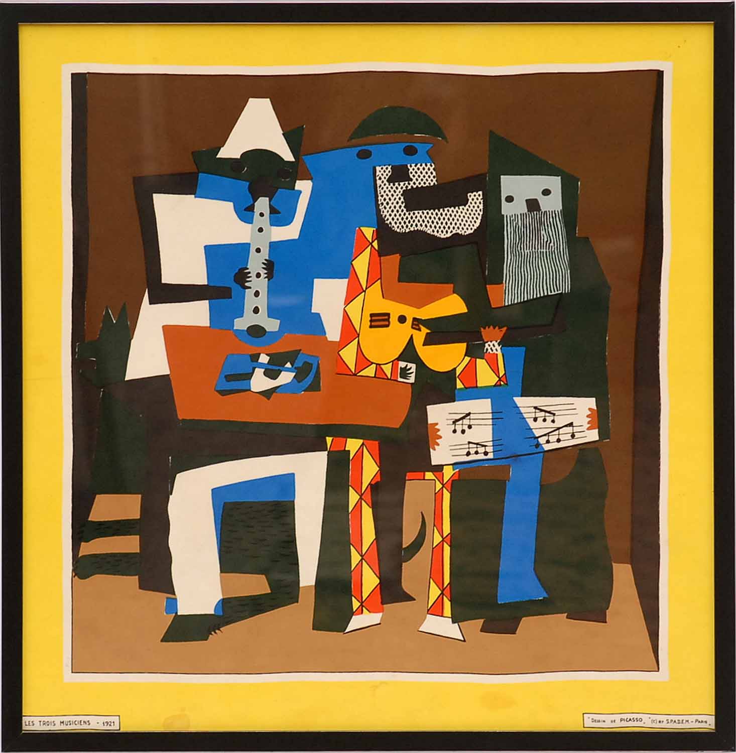 PABLO PICASSO 'Les Trois Musiciens', textile, spadem, 75cm x 75cm, framed and glazed.