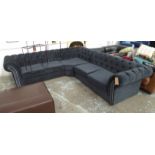 CORNER SOFA, buttoned back in midnight blue upholstery, 280cm x 300cm.