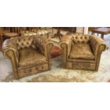 CHESTERFIELD ARMCHAIRS, a pair, in close nailed and buttoned worn leather, 106cm W.