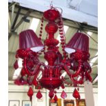 CHANDELIER, contemporary red cut glass, five branch, 120cm drop approx.