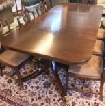 DINING TABLE, Regency style mahogany twin pedestal, with one leaf, 245cm x 115cm x 76cm.