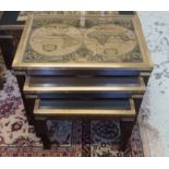 NEST OF TABLES, campaign style mahogany and brass with inset glass and vintage map prints,