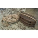 MARINE RIGGING BLOCK, antique teak, 56cm x 35cm x 20cm, with rope.