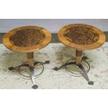 WINE TABLES, a pair, by Michael Reed Design, with circular burr walnut tops, on iron supports,