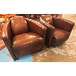 AVIATOR STYLE ARMCHAIRS, two, Timothy Oulton style hand finished in leaf brown stitched leather,