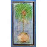 KEN DAVIS 'Palm Tree', mixed media on board, signed, 104cm x 54cm, framed.