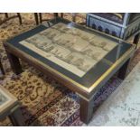 LOW TABLE, Campaign style mahogany and brass with inset glass and vintage scenes,