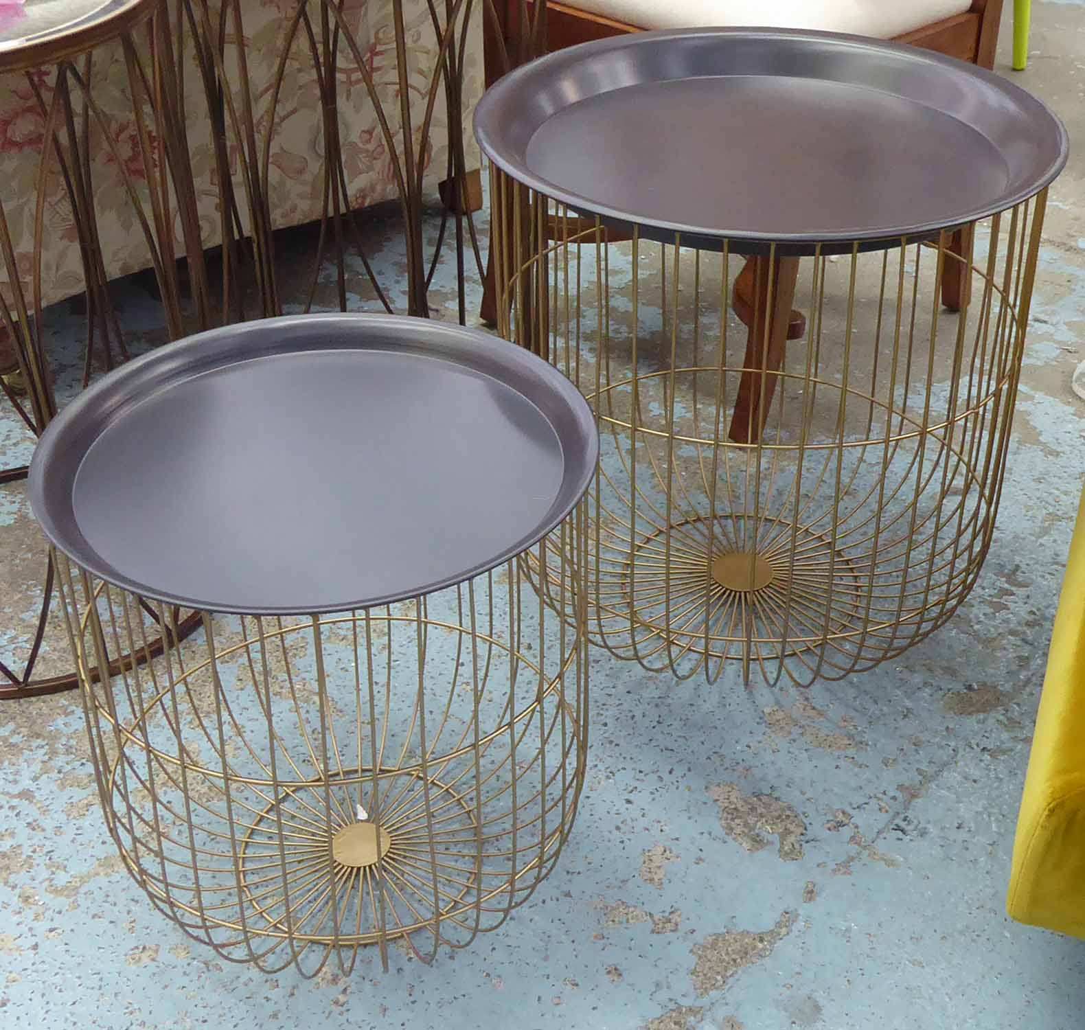 SIDE TABLES, a graduated pair, contemporary cage design, 51cm tallest.