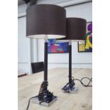 PORTA ROMANA LEATHER STICK TABLE LAMPS, a pair, with shades, 57cm H.