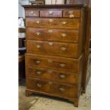 CHEST ON CHEST, George II walnut with three short drawers above six long drawers on bracket feet,
