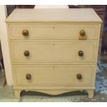 CHEST, early 19th century grey painted and black lined with three long drawers, 89cm W.