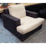 RALPH LAUREN HOME ARMCHAIR, rattan and ebonised wood with duck down cushions, 110cm W.