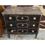 LOUIS XVI COMMODE, 18th century French ebonised and silver metal mounted with three long drawers,