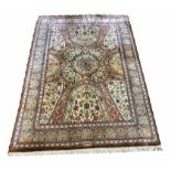 FINE SIGNED SILK QUM RUG, 142cm x 98cm.