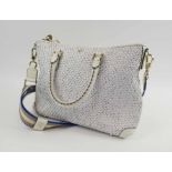 ANYA HINDMARCH MINI HUXLEY TOTE BAG, white woven leather with top zip closure, large tassel,