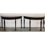 CONSOLE TABLES, a pair, George III style demi lune, painted in the Etruscan manner,