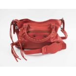 BALENCIAGA CLASSIC TOWN BAG, red leather with rolled top handles, detachable shoulder strap,