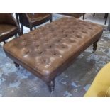 HEARTH STOOL, vintage rectangular coach-brown buttoned hide and turned supports,