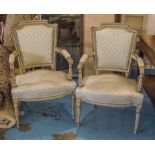 FAUTEUILS, a pair, French Louis XVI style grey and green painted with fluted supports, 57cm W.