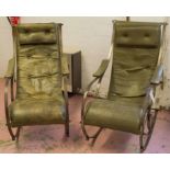 ROCKING CHAIRS, a near pair, late 19th/early 20th century iron and green leather after R.W.
